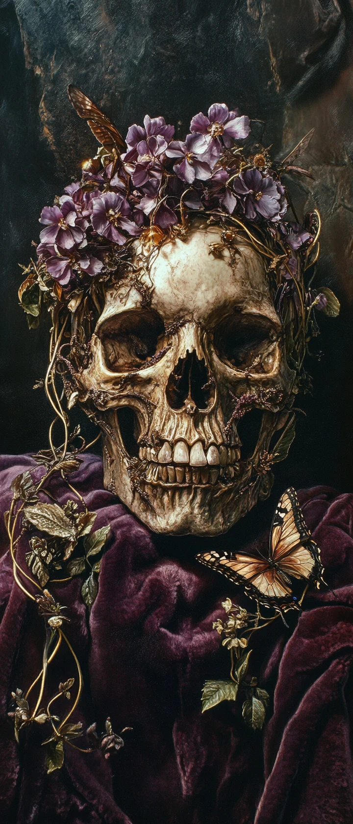 Decaying skull with wilted floral motifs on velvet cushion