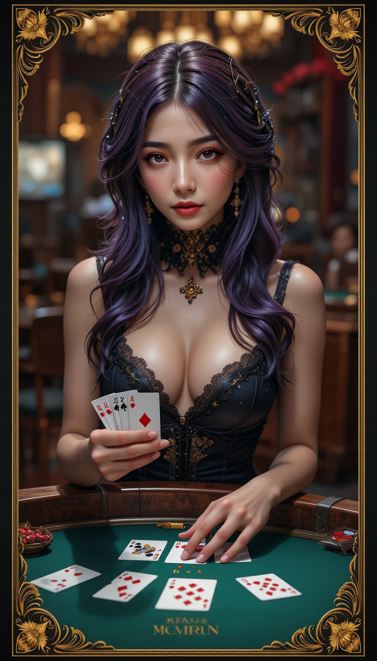 Purple haired casino dealer girl dealing blackjack cards
