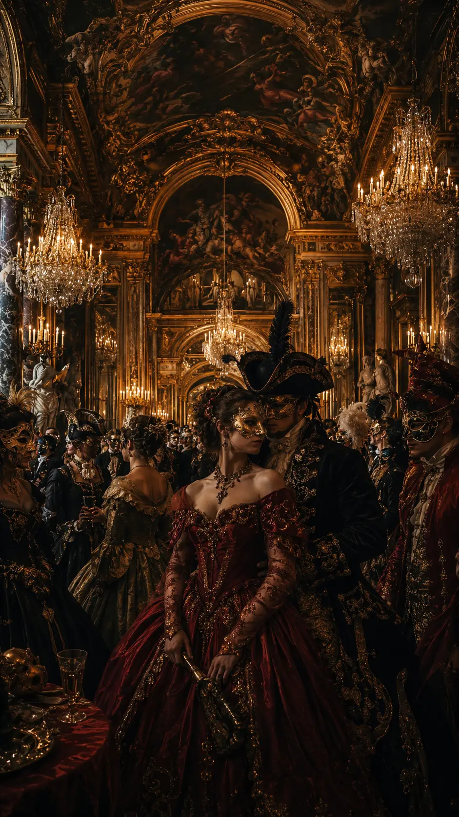 Somptueux bal masqué dans la grande salle de bal d’un palais baroque