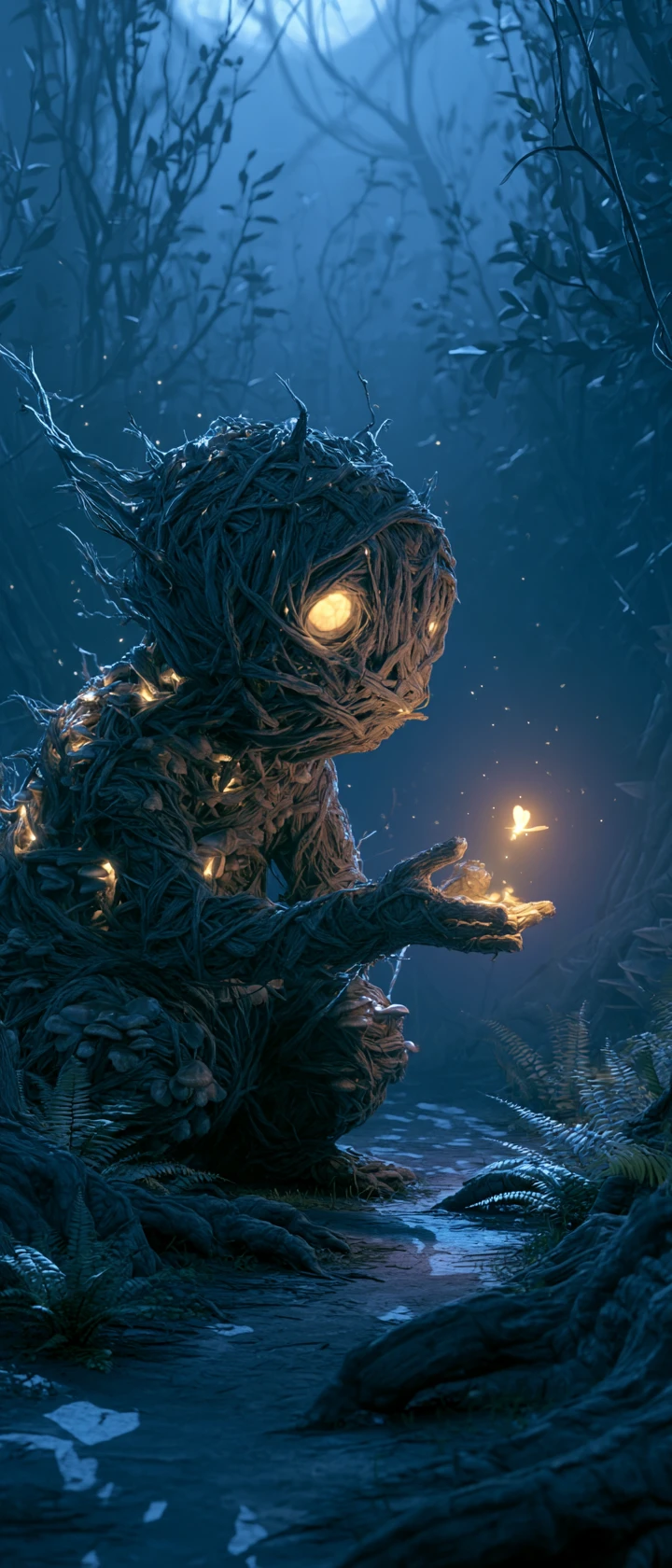 Tiny forest spirit guiding a glowing firefly at night
