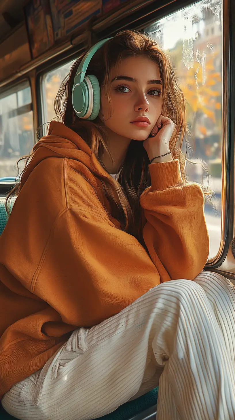 Thoughtful girl on an old city bus at golden hour