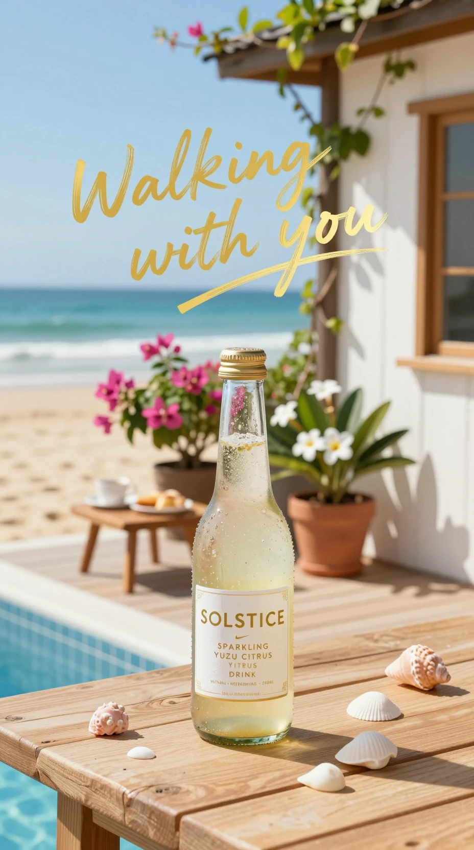 Sparkling yuzu drink bottle on beachside pool table