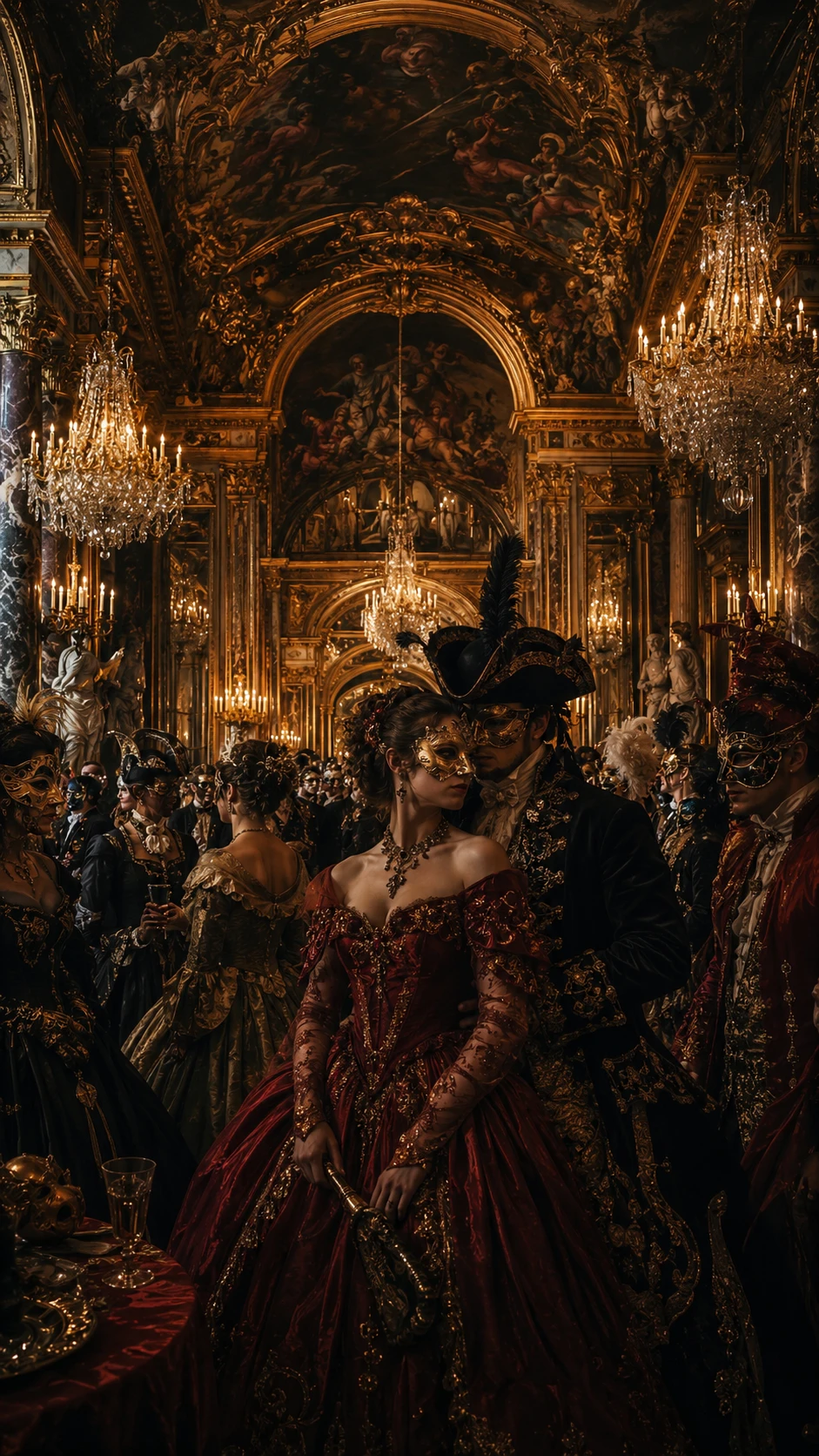 Opulent masquerade ball in a grand baroque palace ballroom