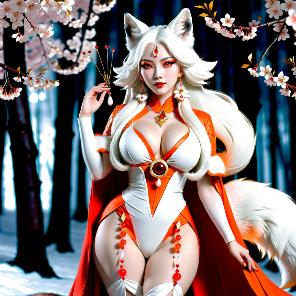 Alluring white haired fox spirit woman in frozen forest