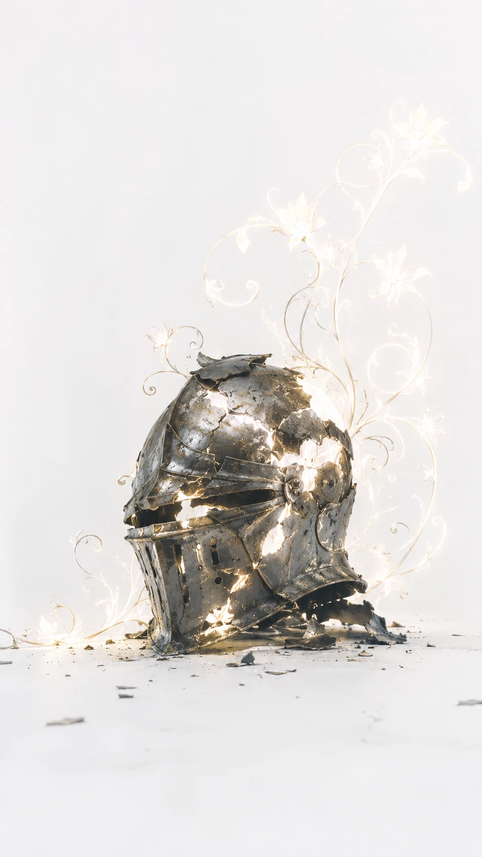 Broken knight helmet glowing with ethereal floral light