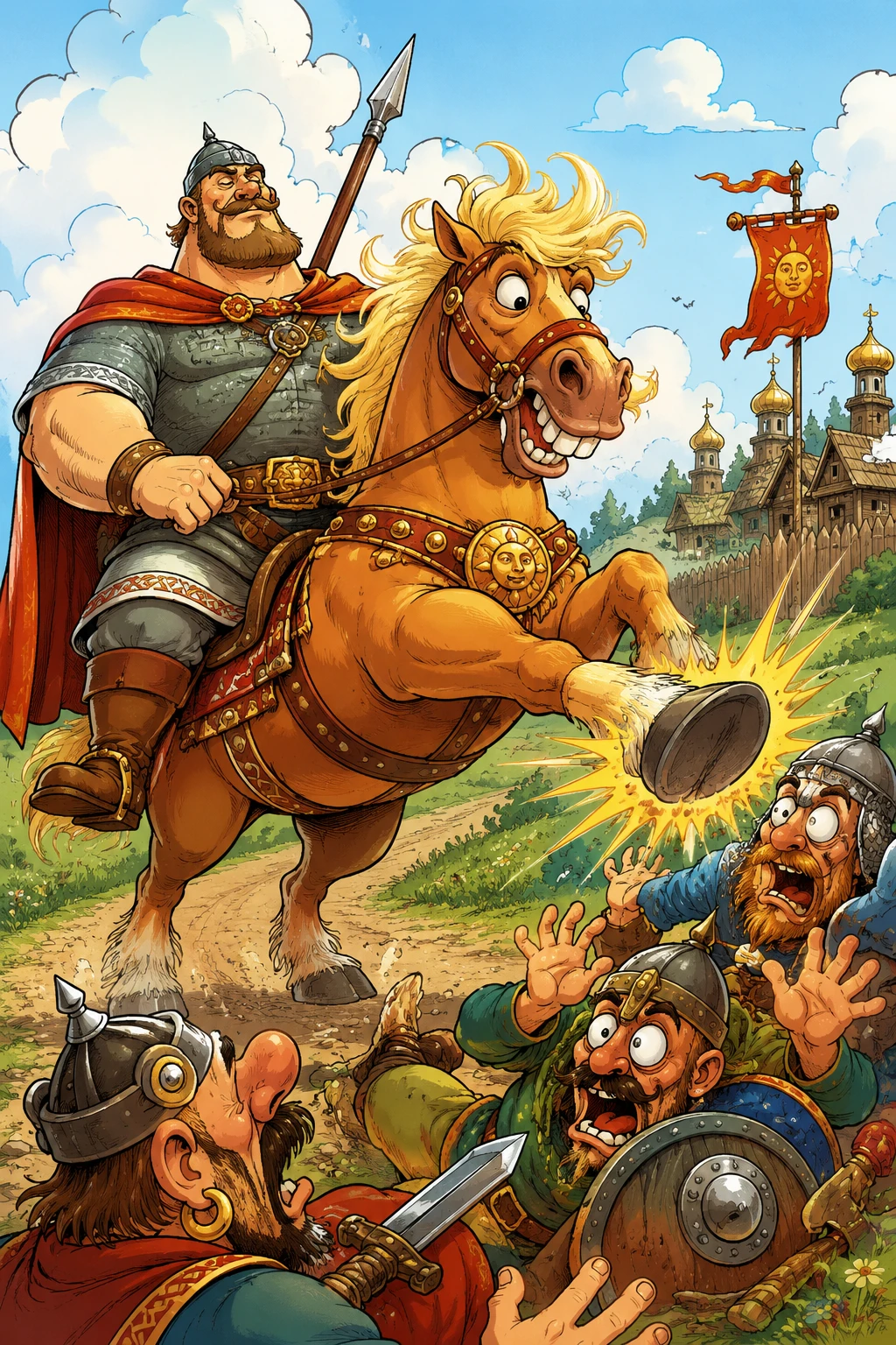 Playful cartoon warrior riding into battle on a horse