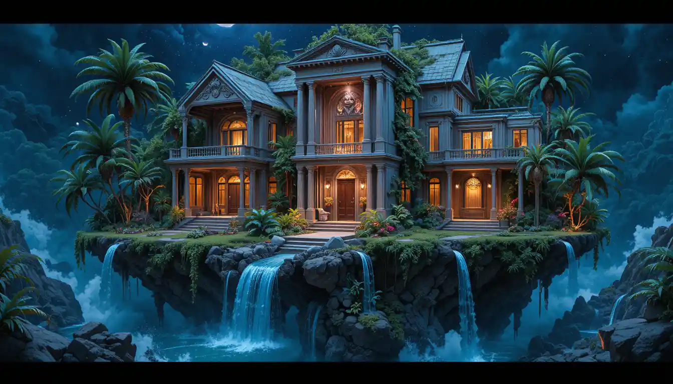 Floating island temple diorama with neon carved goddess relief
