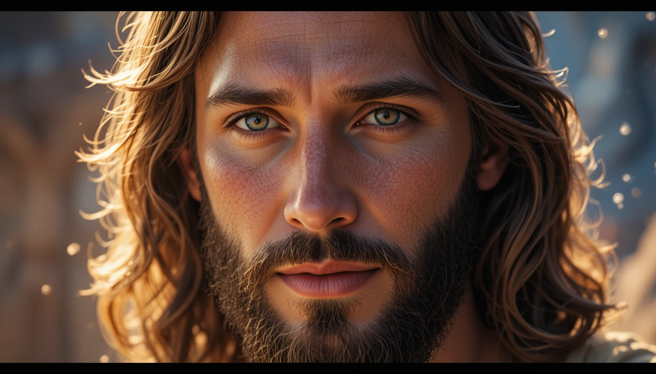 Close up portrait of Jesus with warm compassionate gaze