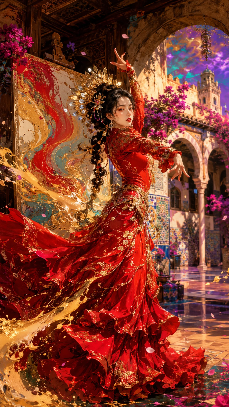 Elegant anime woman in a fiery flamenco dance pose