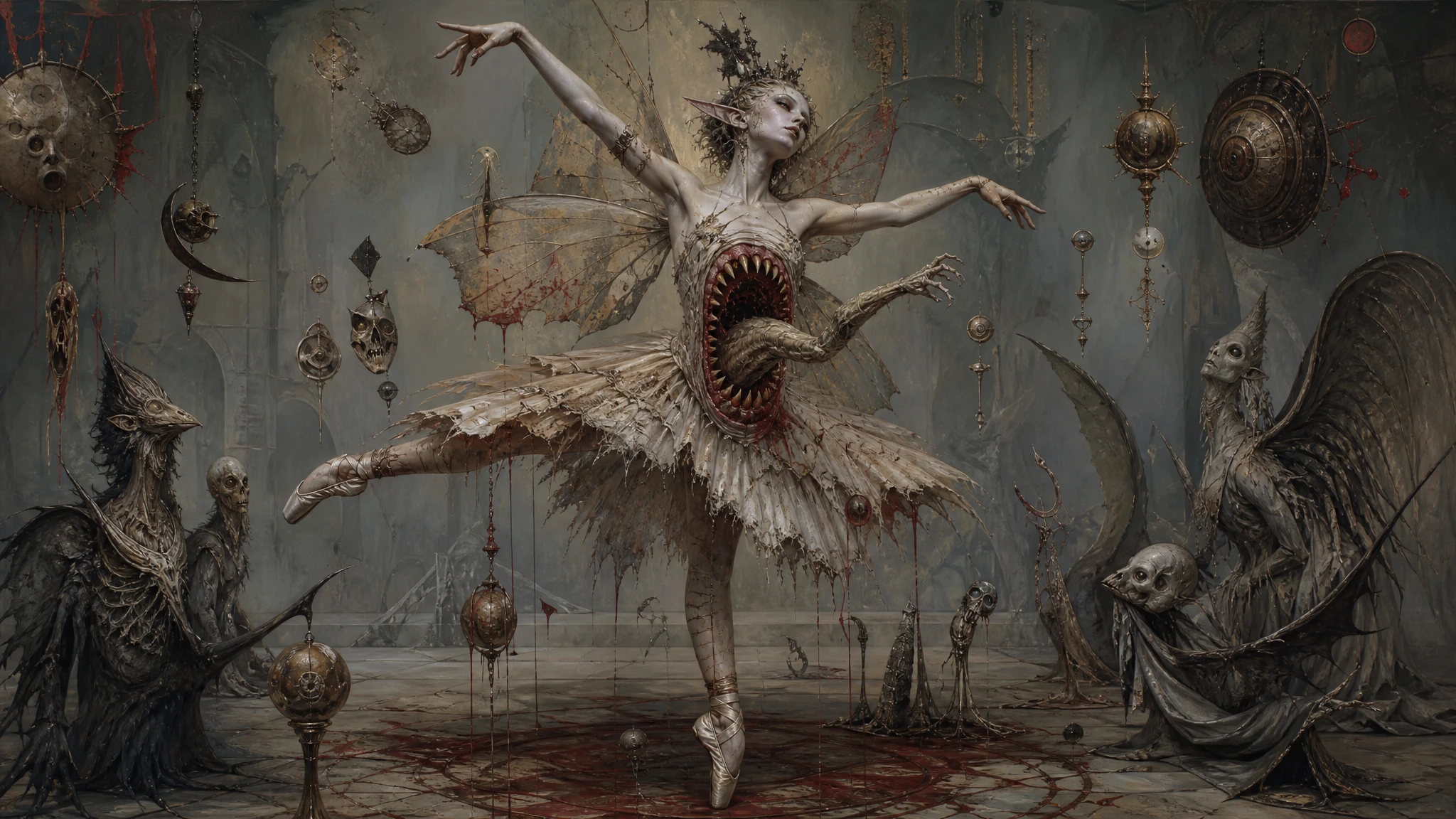 Fae ballerina dancing in a macabre fantasy scene