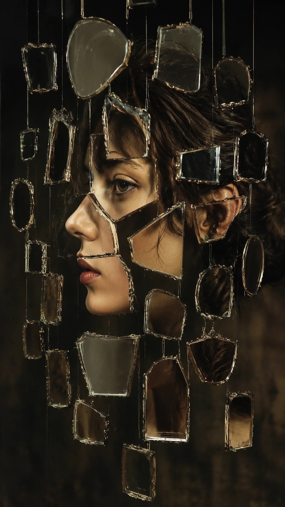 Surreal portrait of a woman reflected in shattered mirrors