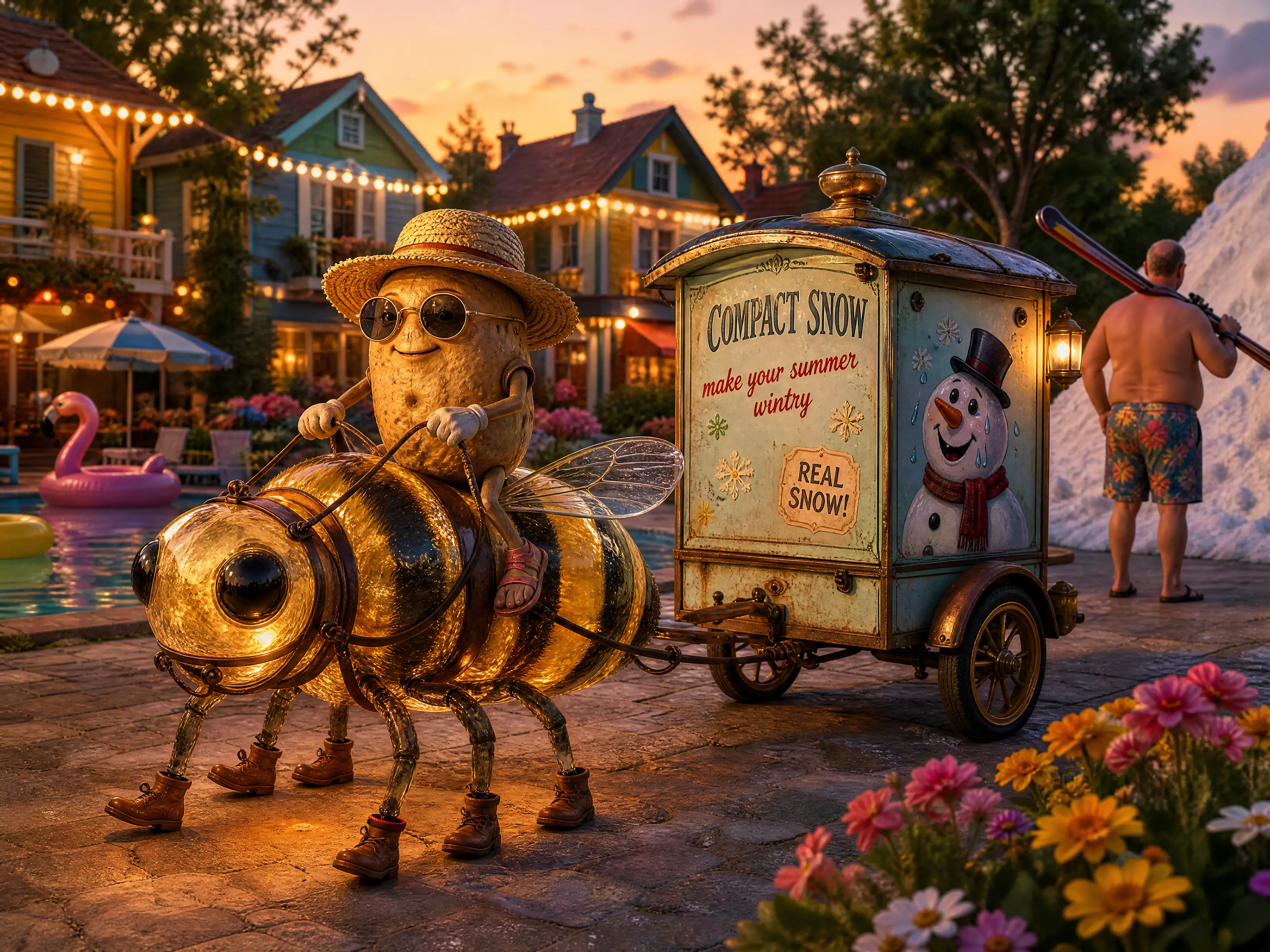 Potato man riding a glass bee through a summer village
