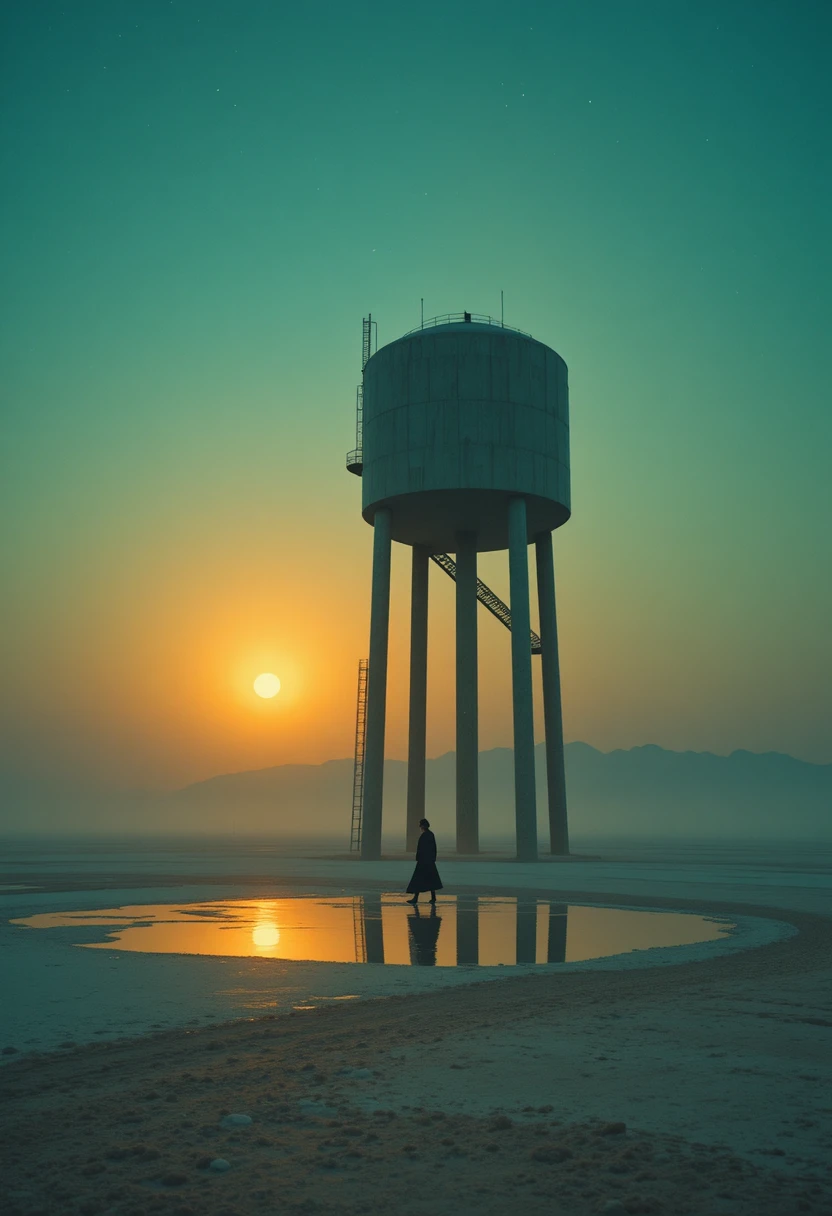 Surreal water tower rising from a reflective desert plain
