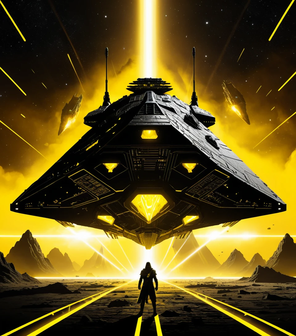 Massive sci fi starship with yellow neon in cosmic storm
