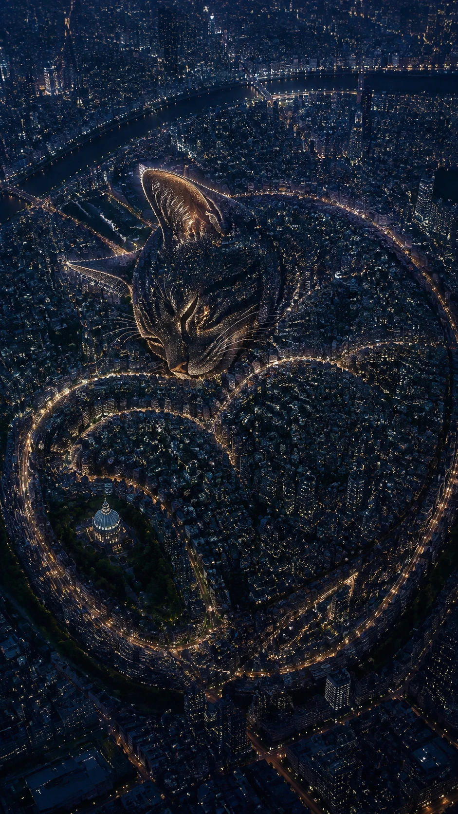 Nächtliche Luftaufnahme einer Stadt, die ein dezentes Profil einer schlafenden Katze bildet