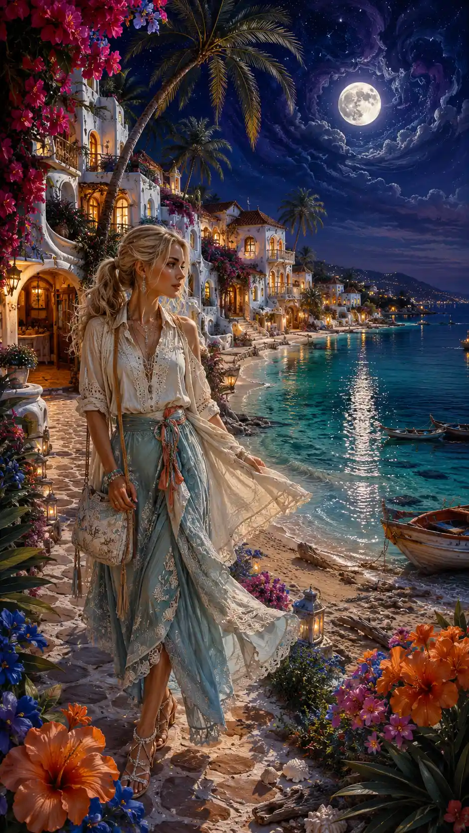 Elegant woman in a moonlit Mediterranean fantasy village