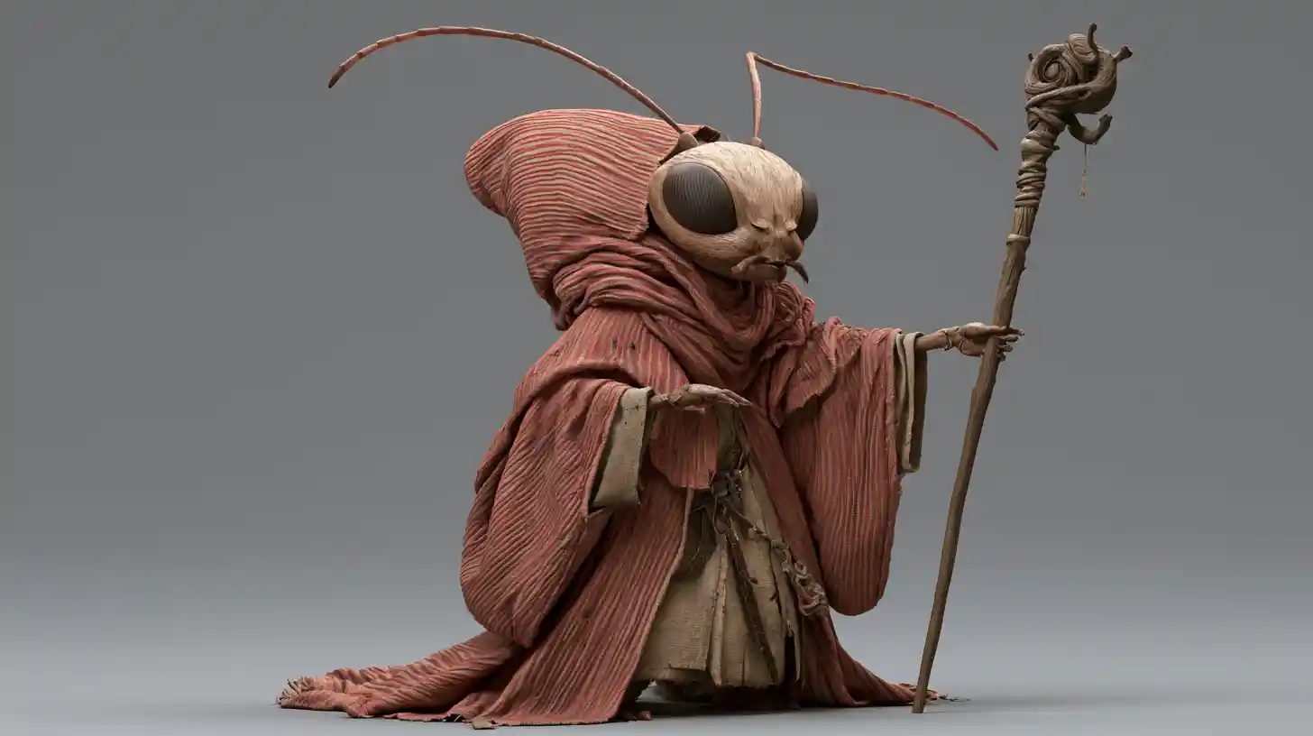 Wise ant humanoid wizard holding a staff in 3D style