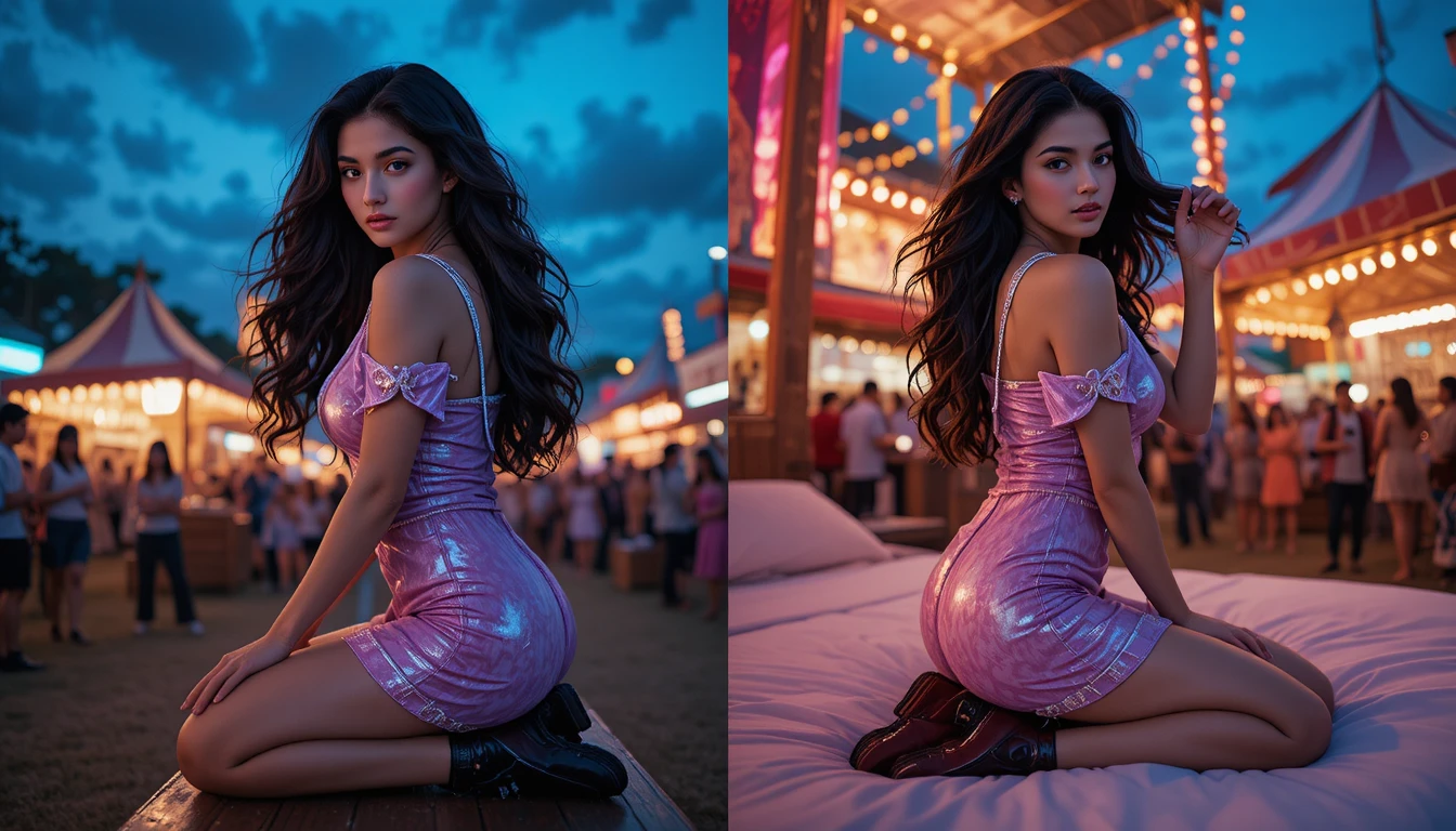 Young woman on a bench at a colorful summer funfair