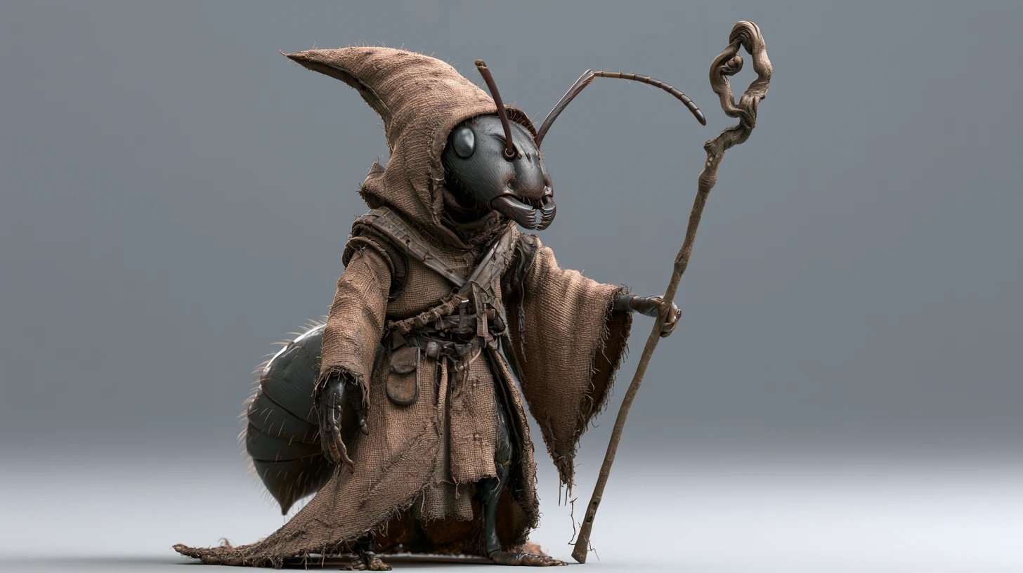 Wise ant humanoid wizard holding a staff in 3D