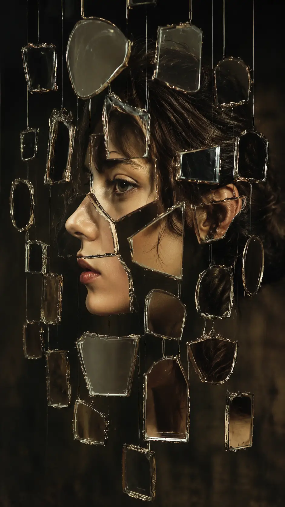 Surreal portrait of a woman reflected in shattered mirrors