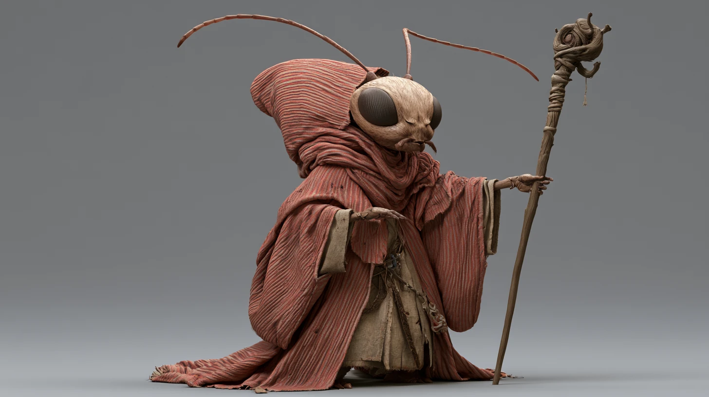 Wise ant humanoid wizard holding a staff in 3D style