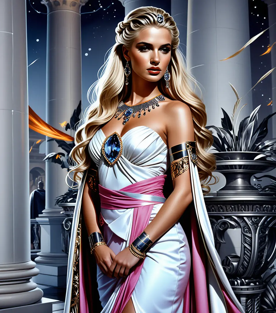 Roman noblewoman in a golden toga at twilight banquet