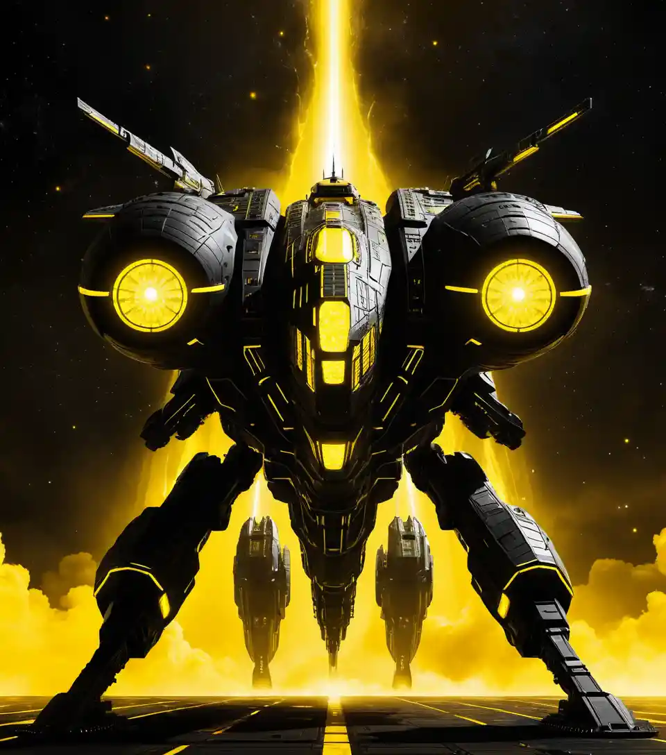 Colossale nave da guerra futuristica frontale nello spazio al neon