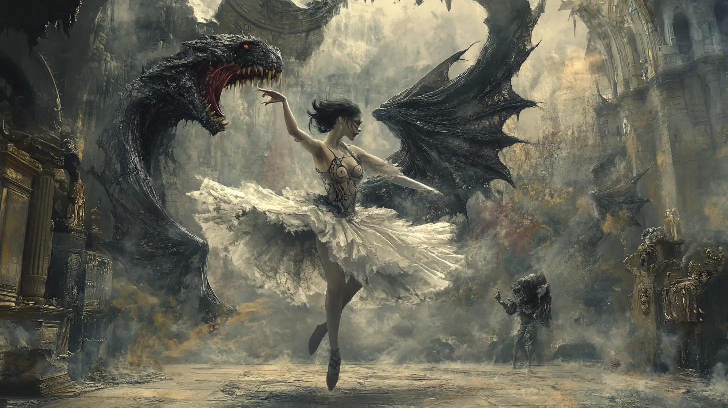 Fae ballerina with monstrous stomach maw in dark ballet