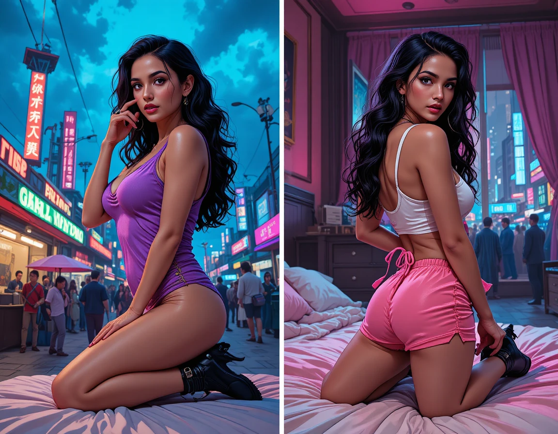 Stylish brunette woman at a pastel colored street fair