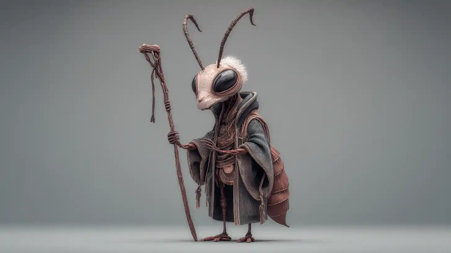 Wise ant humanoid wizard in a cloak with staff