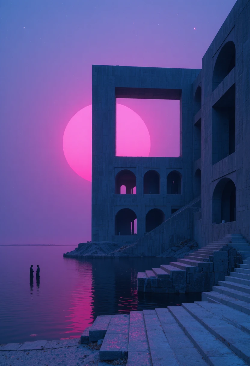 Surreal brutalist tower at dusk beside still reflective water