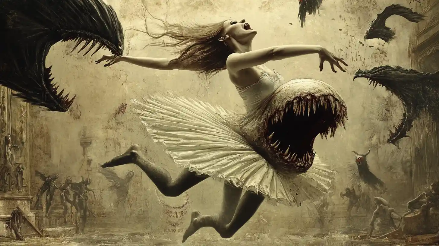 Macabre fae ballerina with monstrous stomach maw