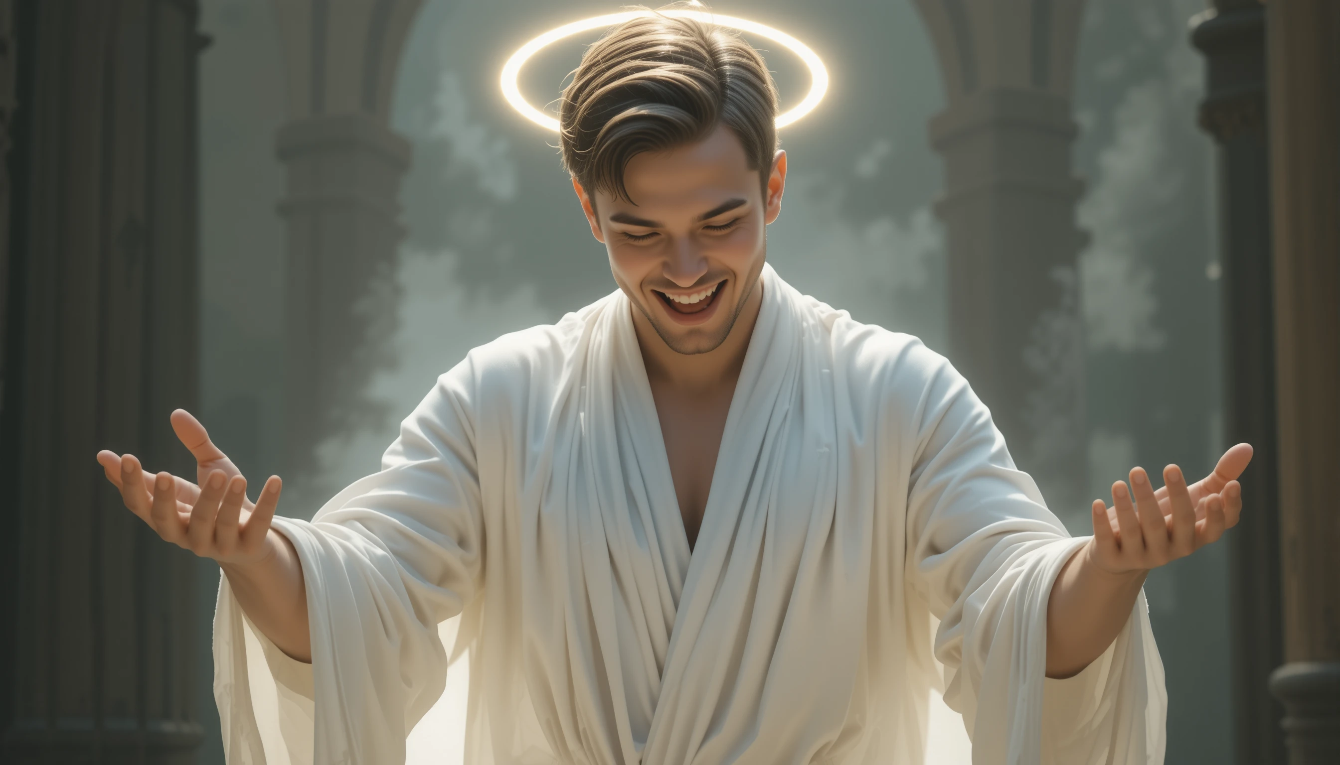 Young man in white robe smiling in soft cinematic light