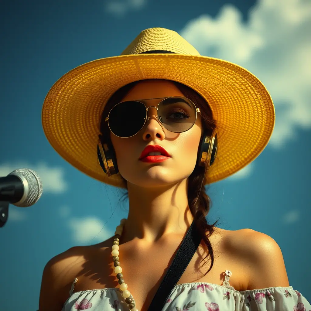 Surreal female DJ with black lens face and sun hat