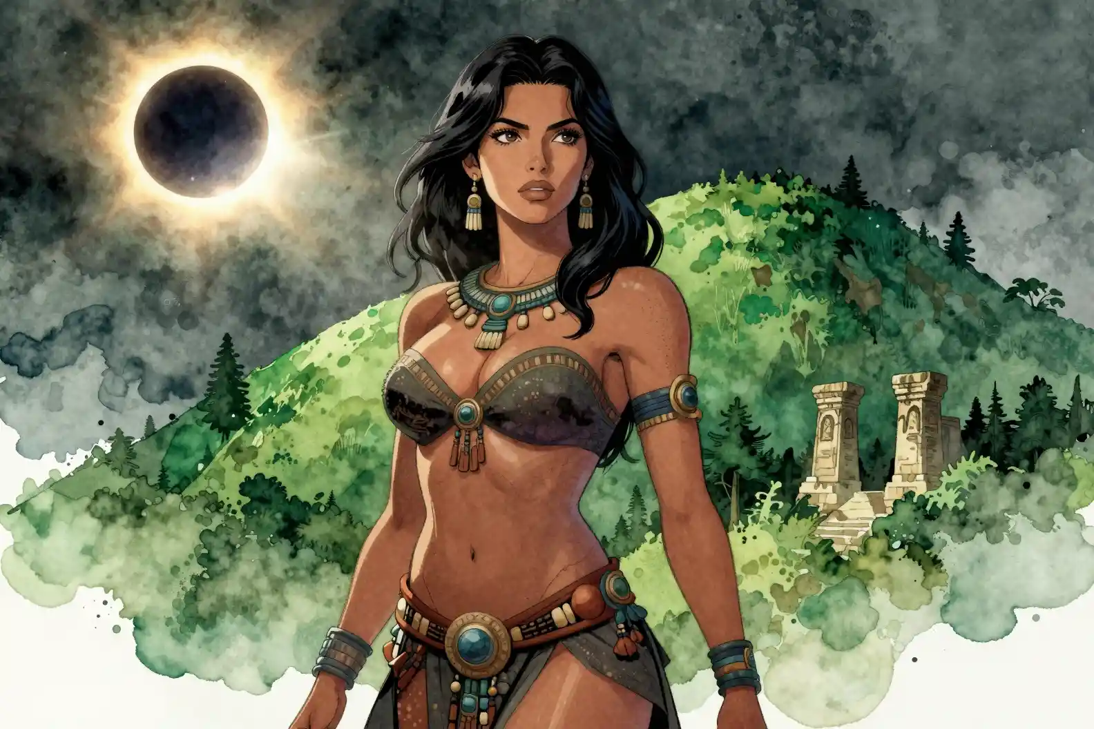 Fantasy woman before eclipse and distant ancient ruins