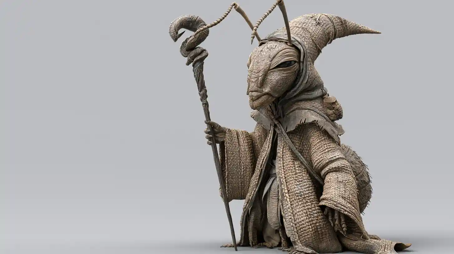 Wise ant humanoid wizard holding a staff in 3D style