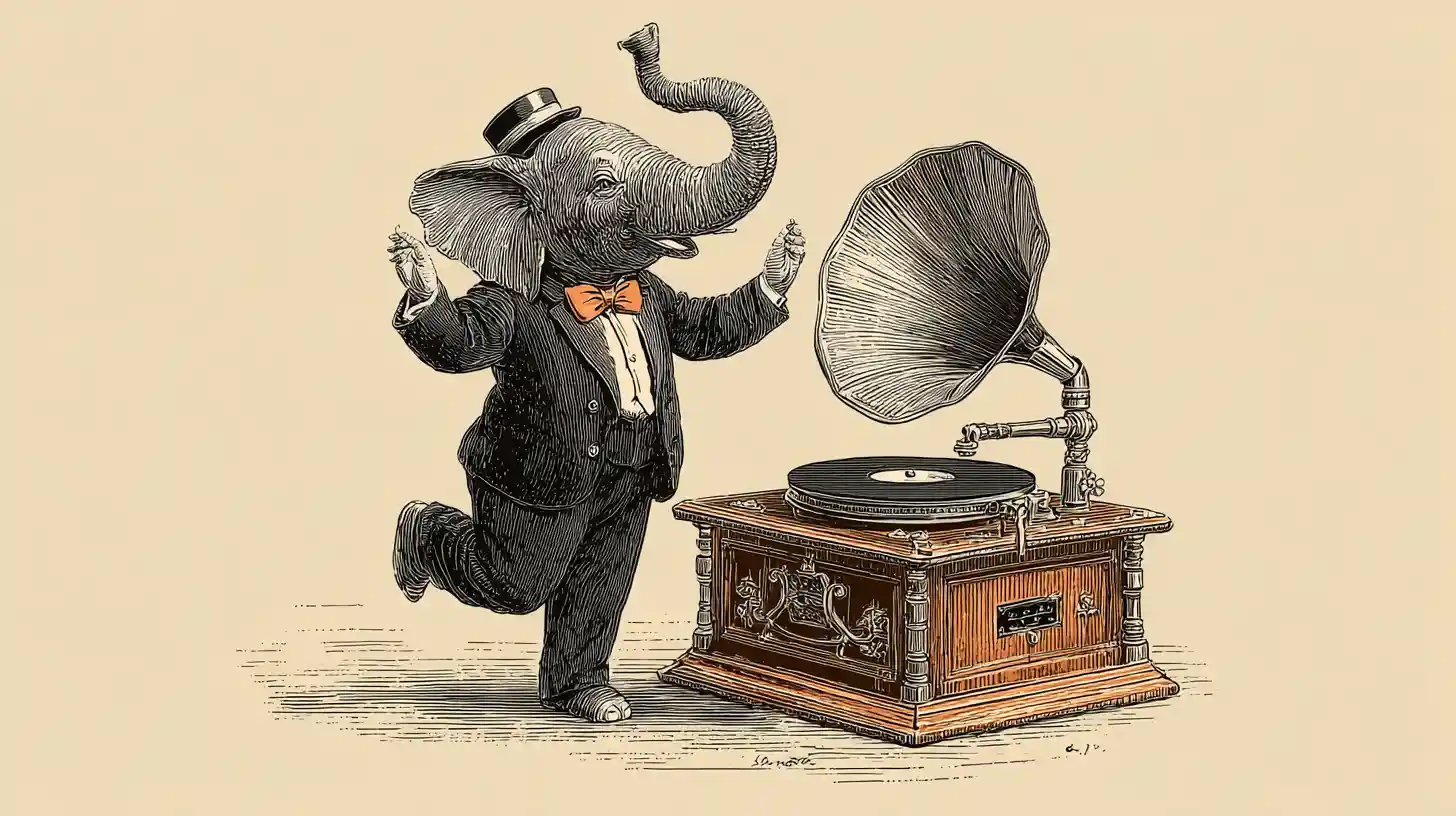 Caricature elephant in tutu dancing on vintage gramophone record