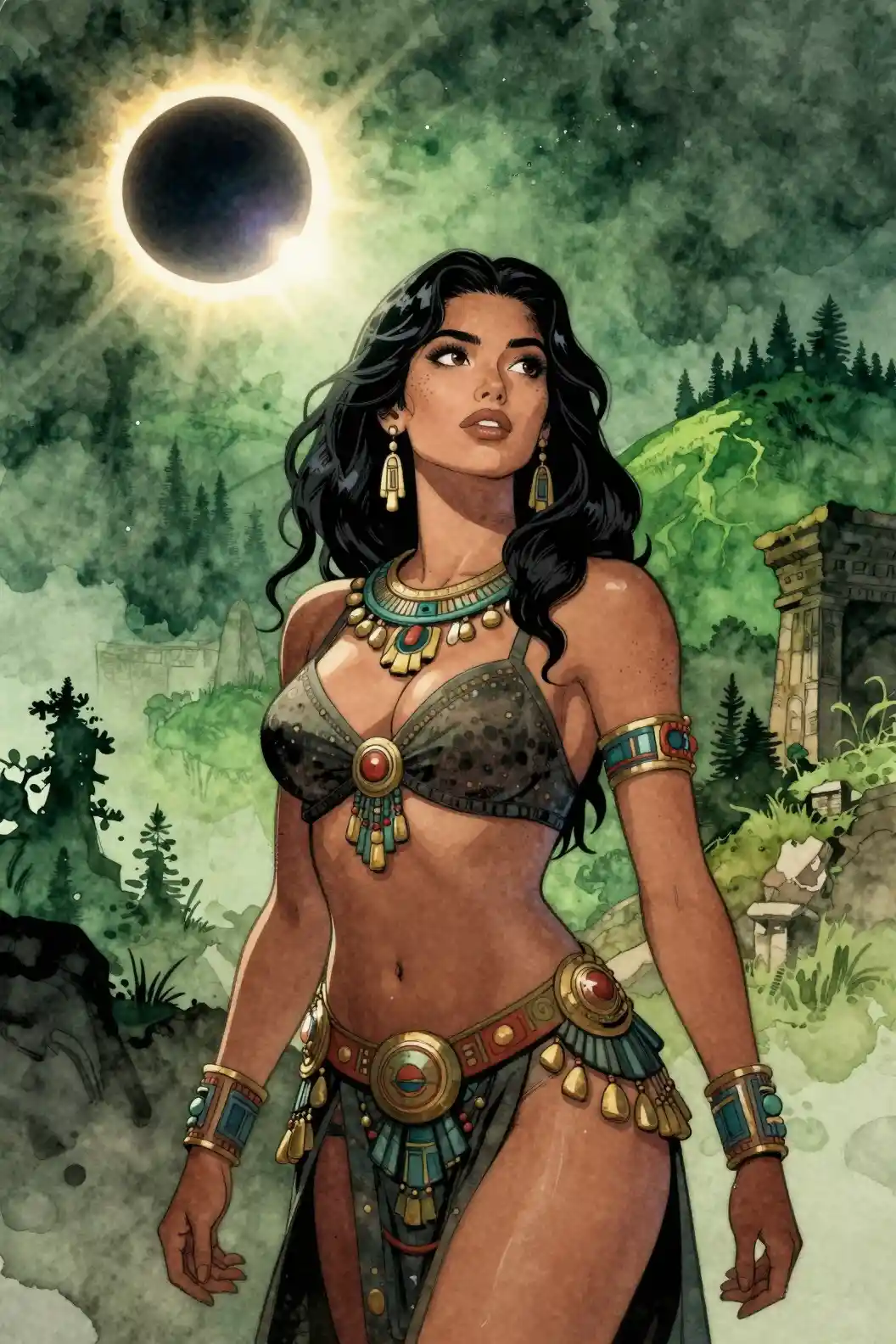 Fantasy woman before eclipse and distant ancient ruins
