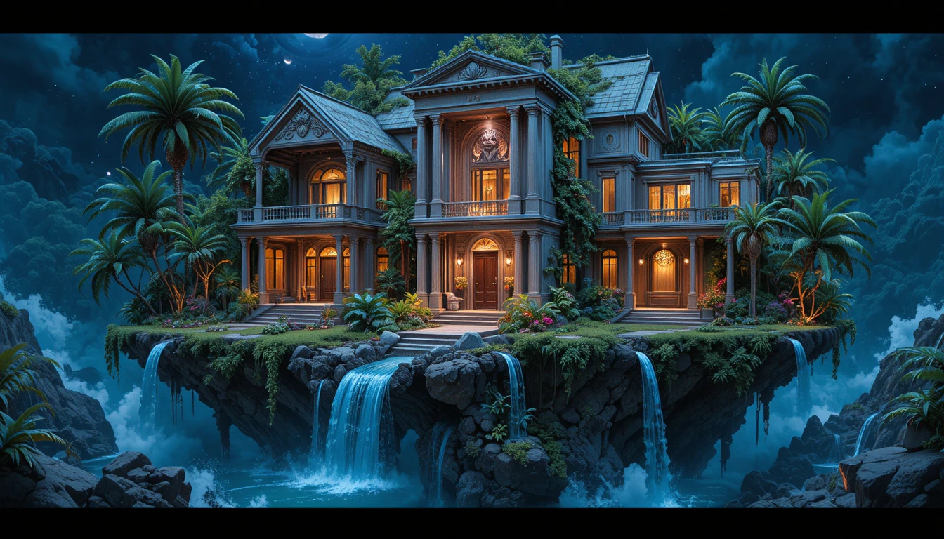 Floating island temple diorama with neon carved goddess relief