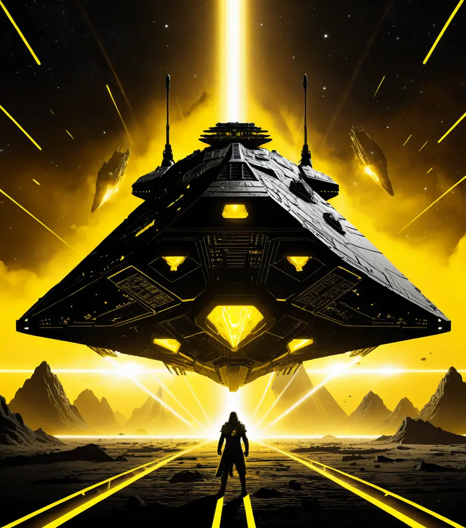 宇宙風暴中閃耀黃色霓虹的巨大科幻星艦
