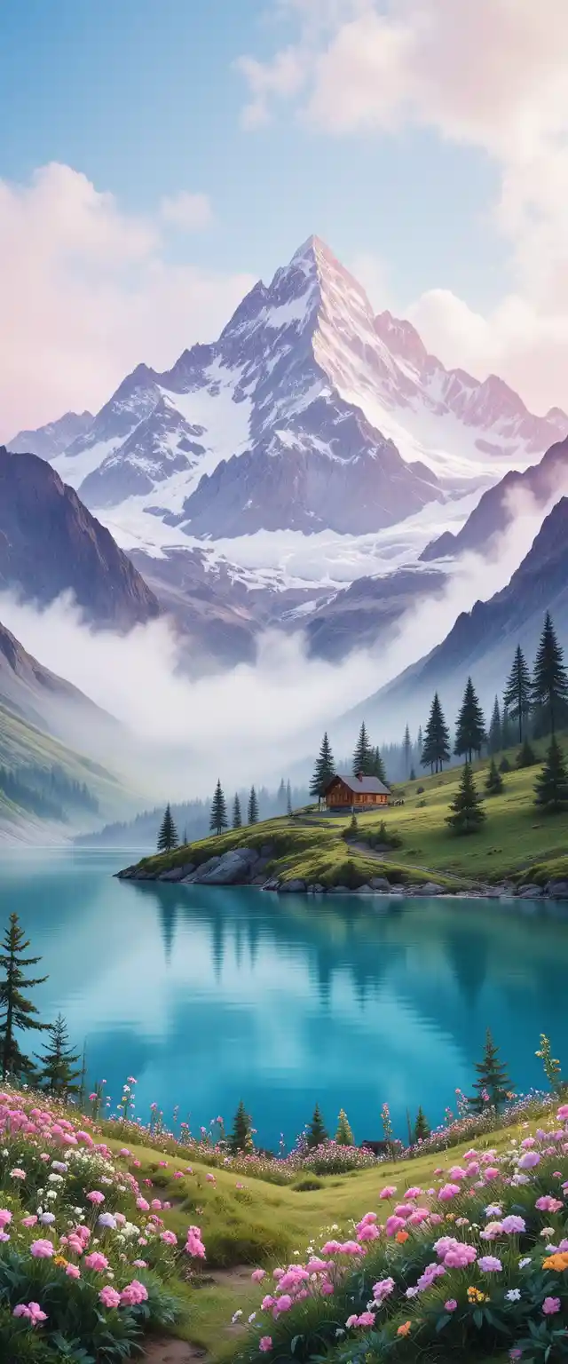 Watercolor mountain lake with misty spring blossoms