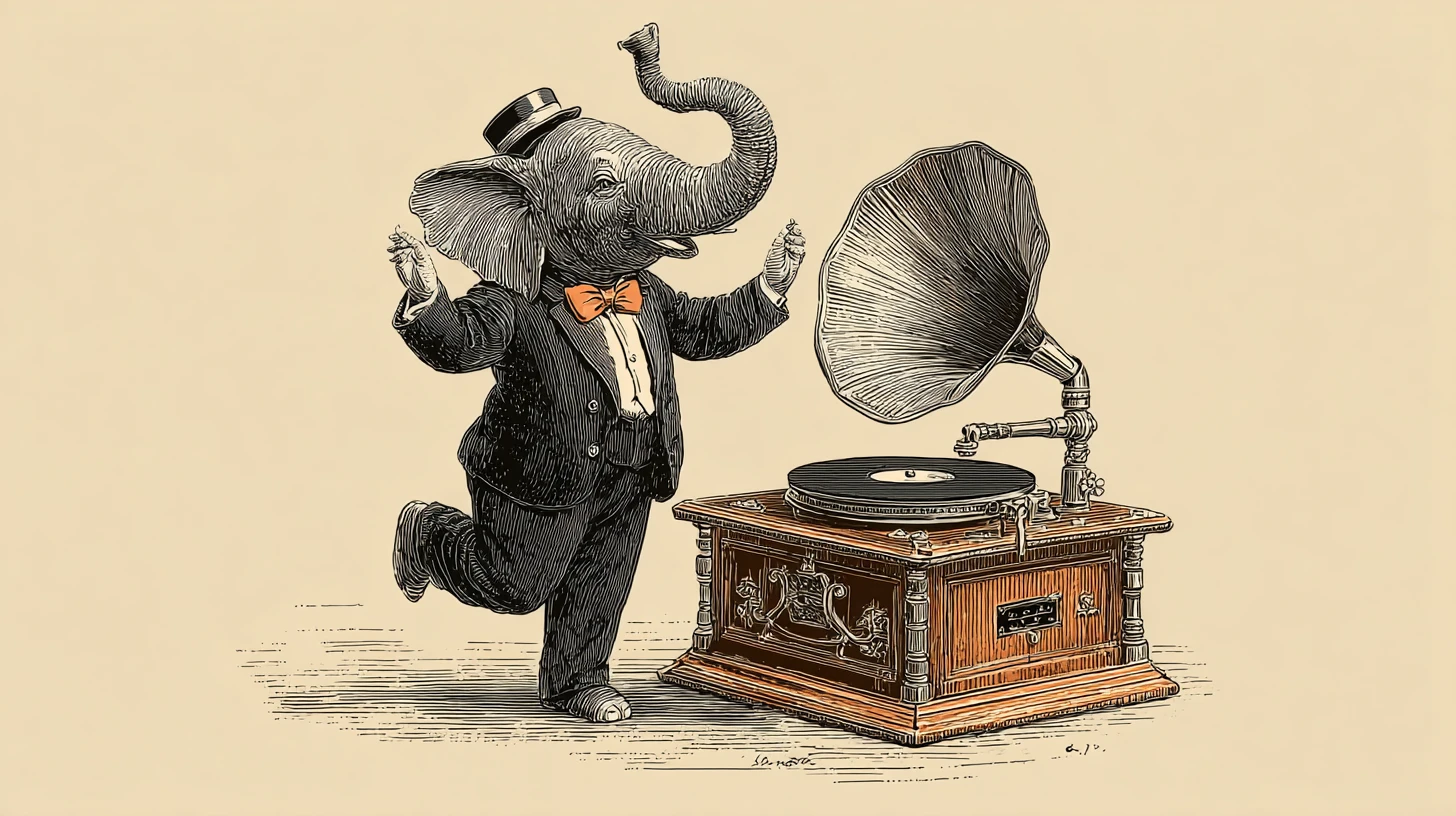 Caricature elephant in tutu dancing on vintage gramophone record