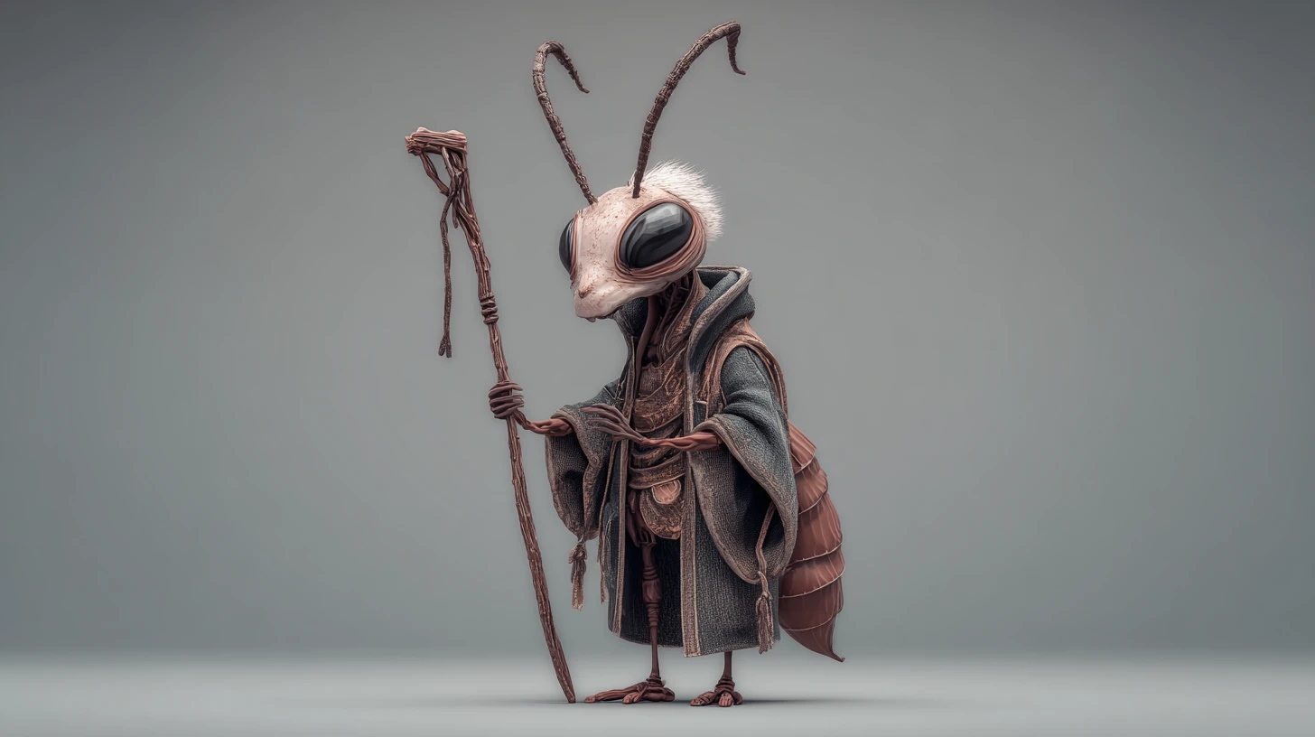 Wise ant humanoid wizard in a cloak with staff
