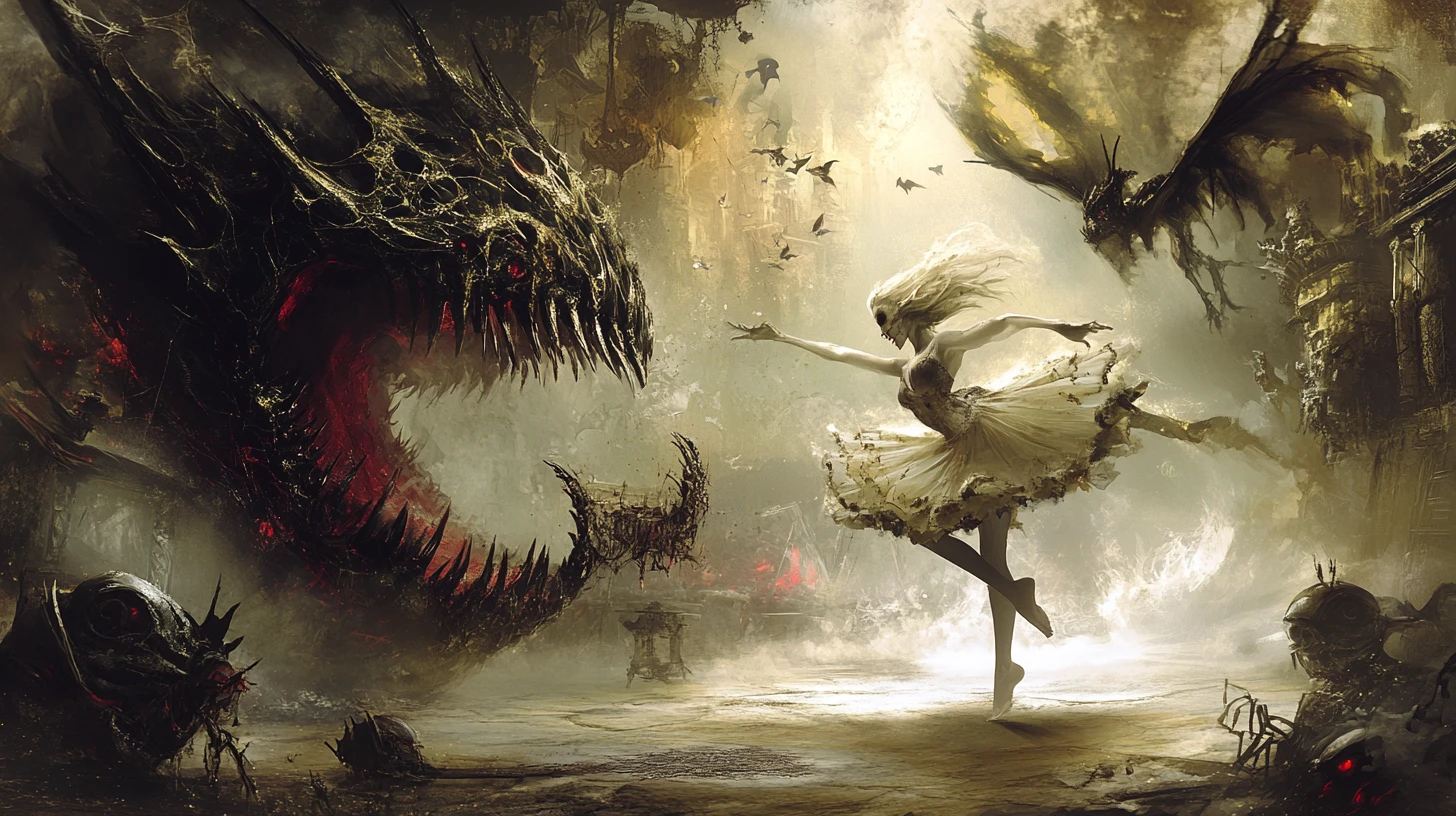 Fae ballerina dancing with a monstrous stomach maw