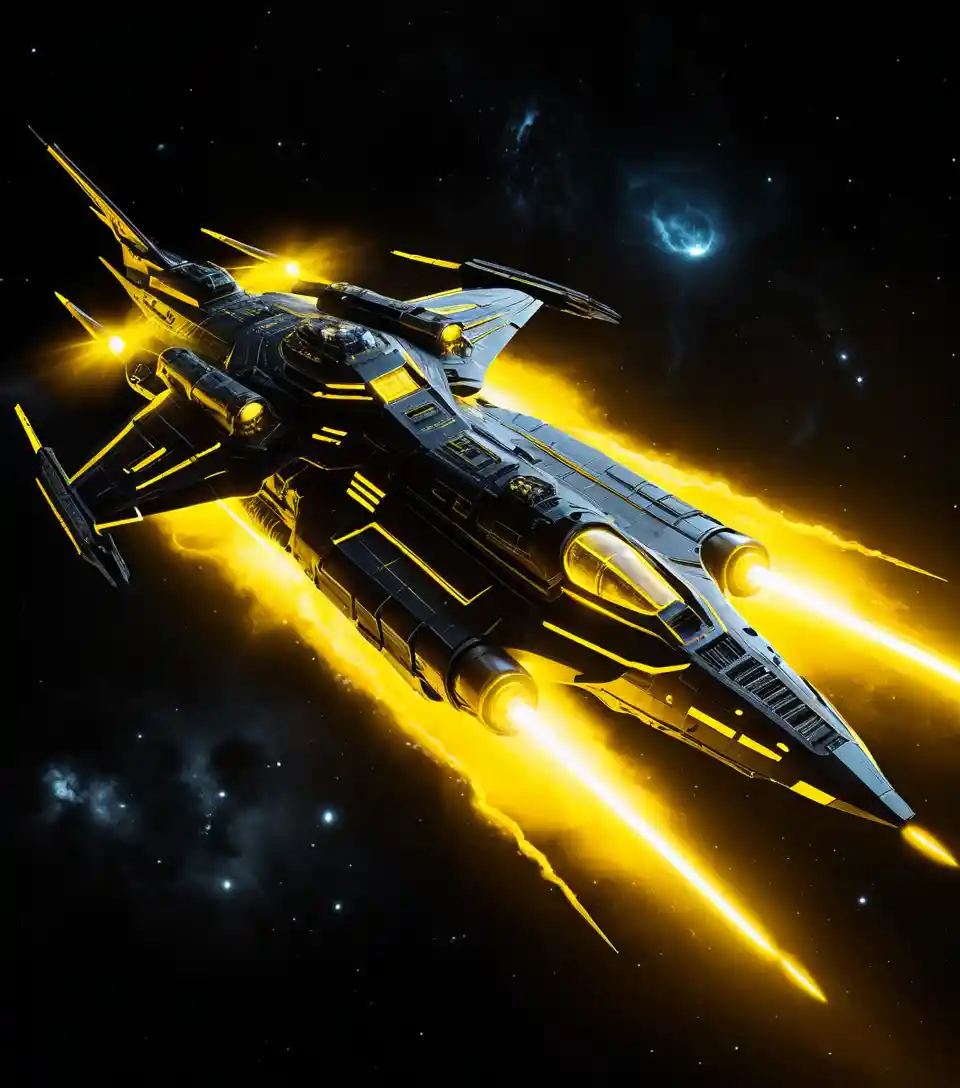 Massive sci fi frigate with neon lights in cosmic storm