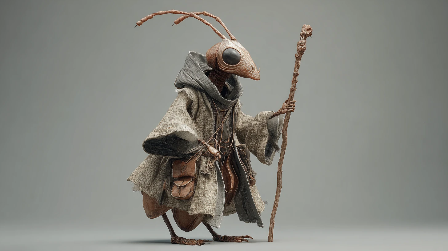 3D ant humanoid wizard holding a staff on gray background