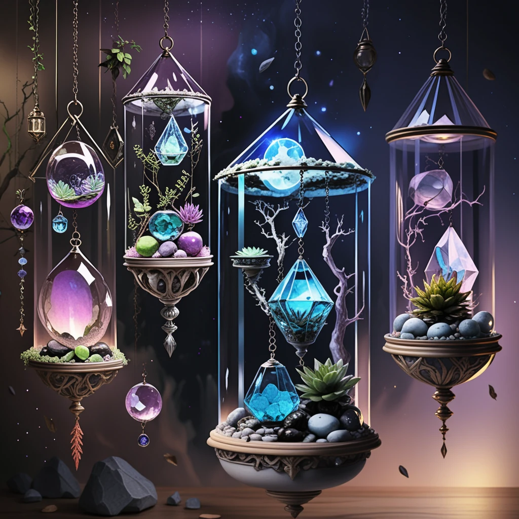 Mystical hanging glass terrariums with gemstones and succulents