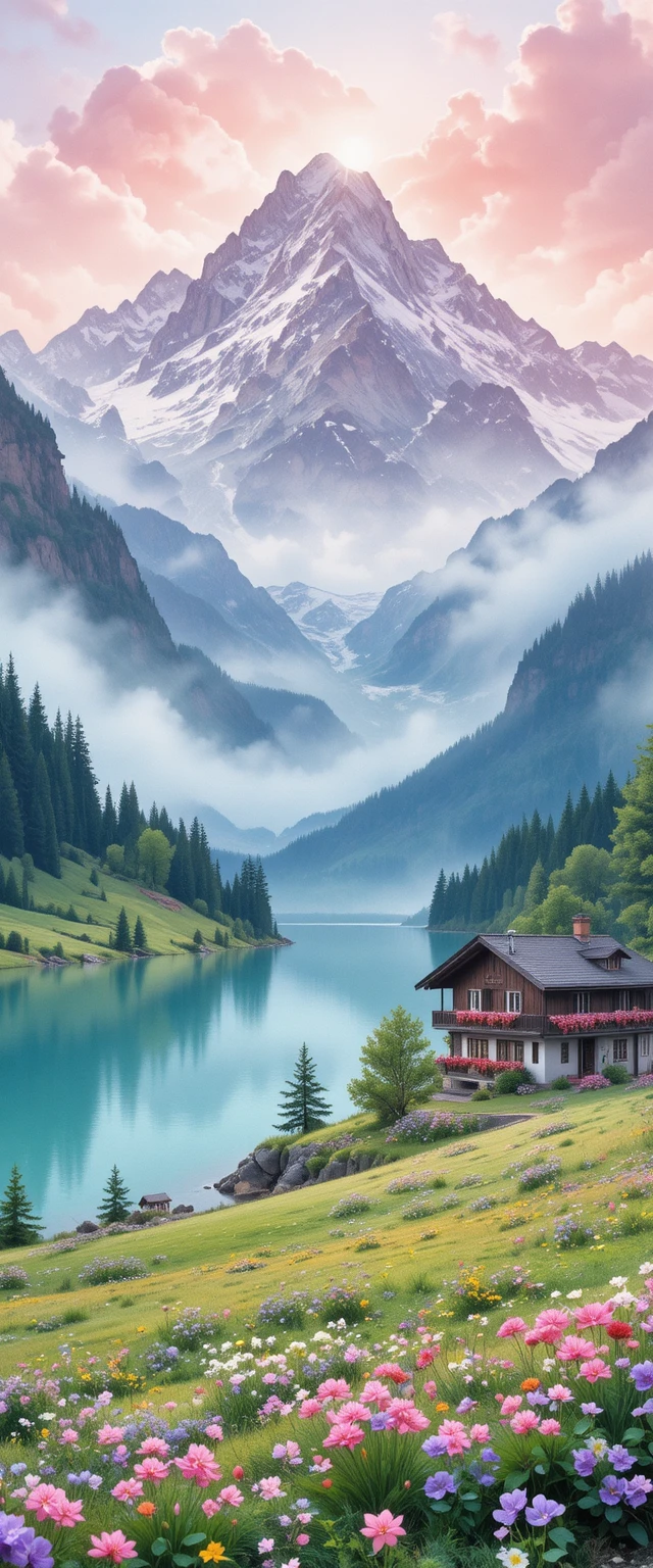 Serene Alpine Lake With Chalet In Soft Spring Watercolors