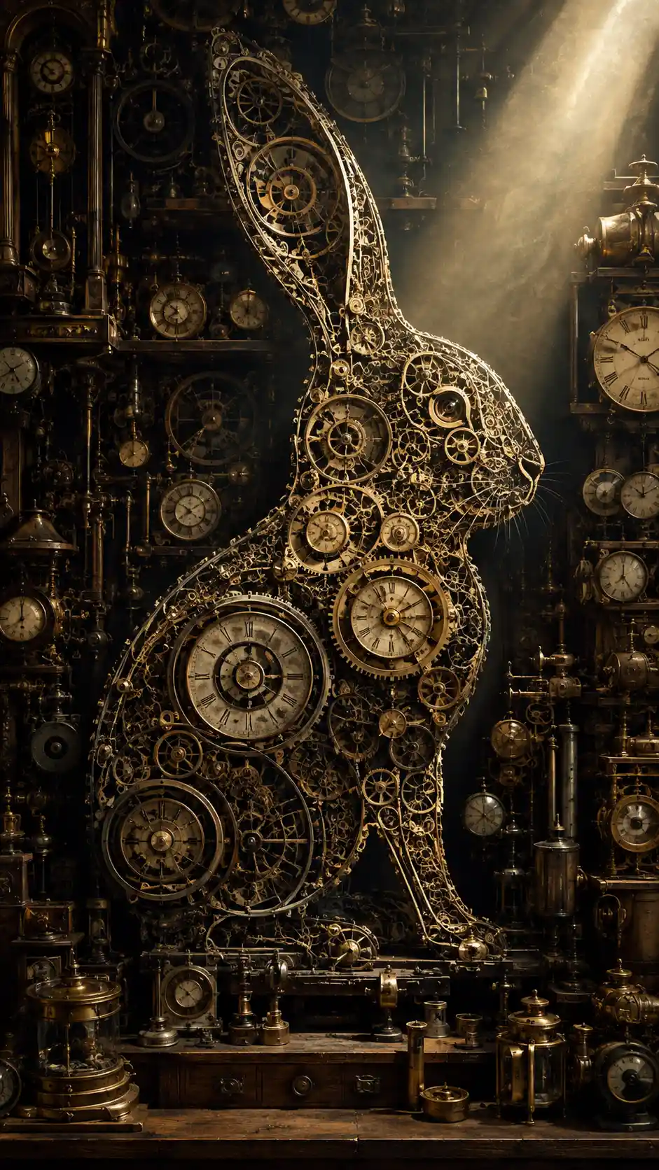 Surreal workshop machinery forming the silhouette of a rabbit