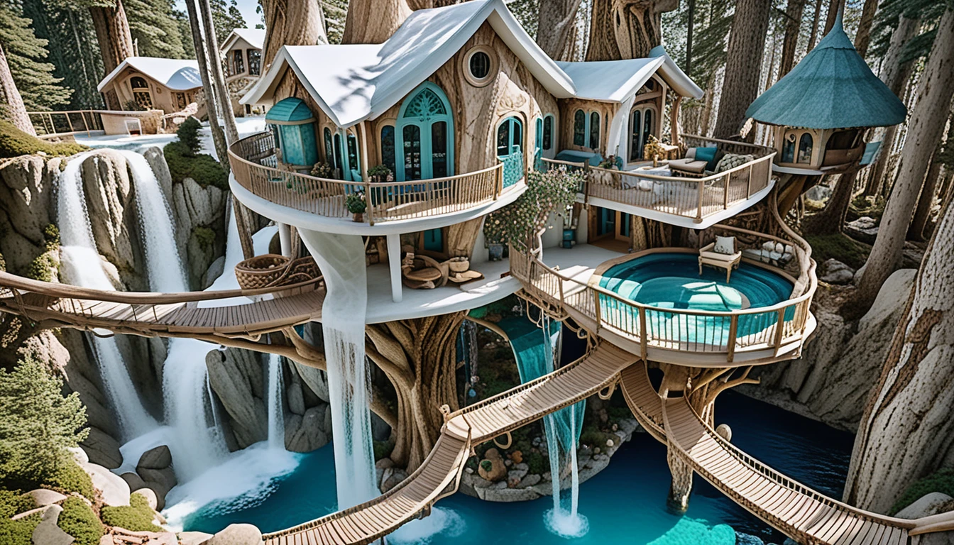 Whimsical treehouse interior from a dreamy bird eye view
